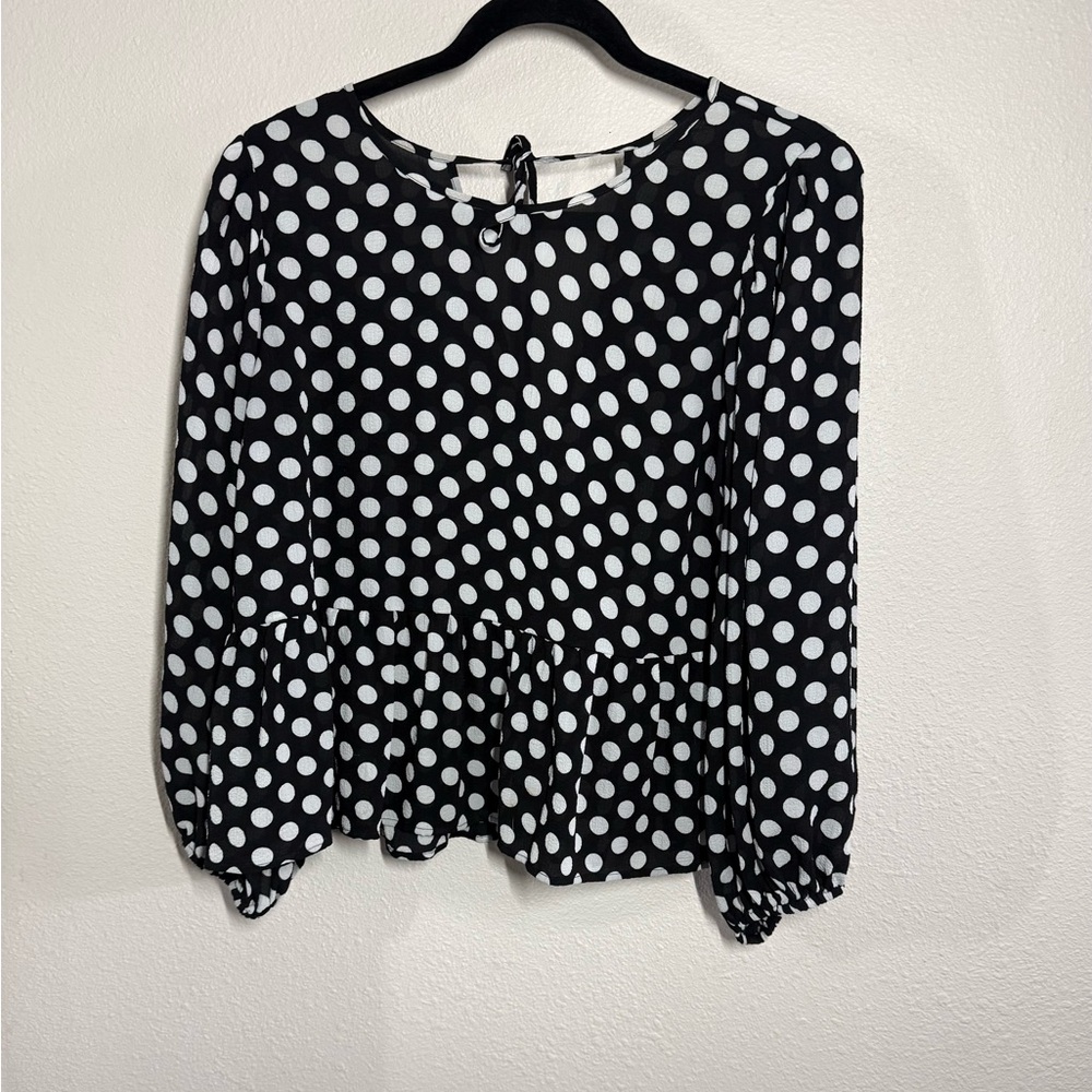 Express Black and White Polka Dot Peplum Blouse long balloon sleeves